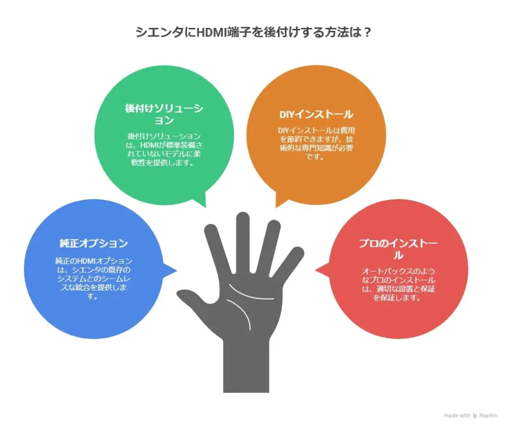 シエンタにHDMI端子を後付けする方法は? 後付けソリューション DIYインストール 後付けソリューションは、HDMIが標準装備されていないモデルに柔軟性を提供します。 DIYインストールは費用を節約できますが、技術的な専門知識が必要です。 純正オプション プロのインストール 純正のHDMIオプションは、シエンタの既存のシステムとのシームレスな統合を提供します。 オートバックスのようなプロのインストールは、適切な設置と保証を保証します。